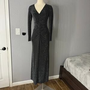 Xscape Evenings "Devin" Rhinestone Jersey Knit V-Neck Dress 6546X, Black, 4